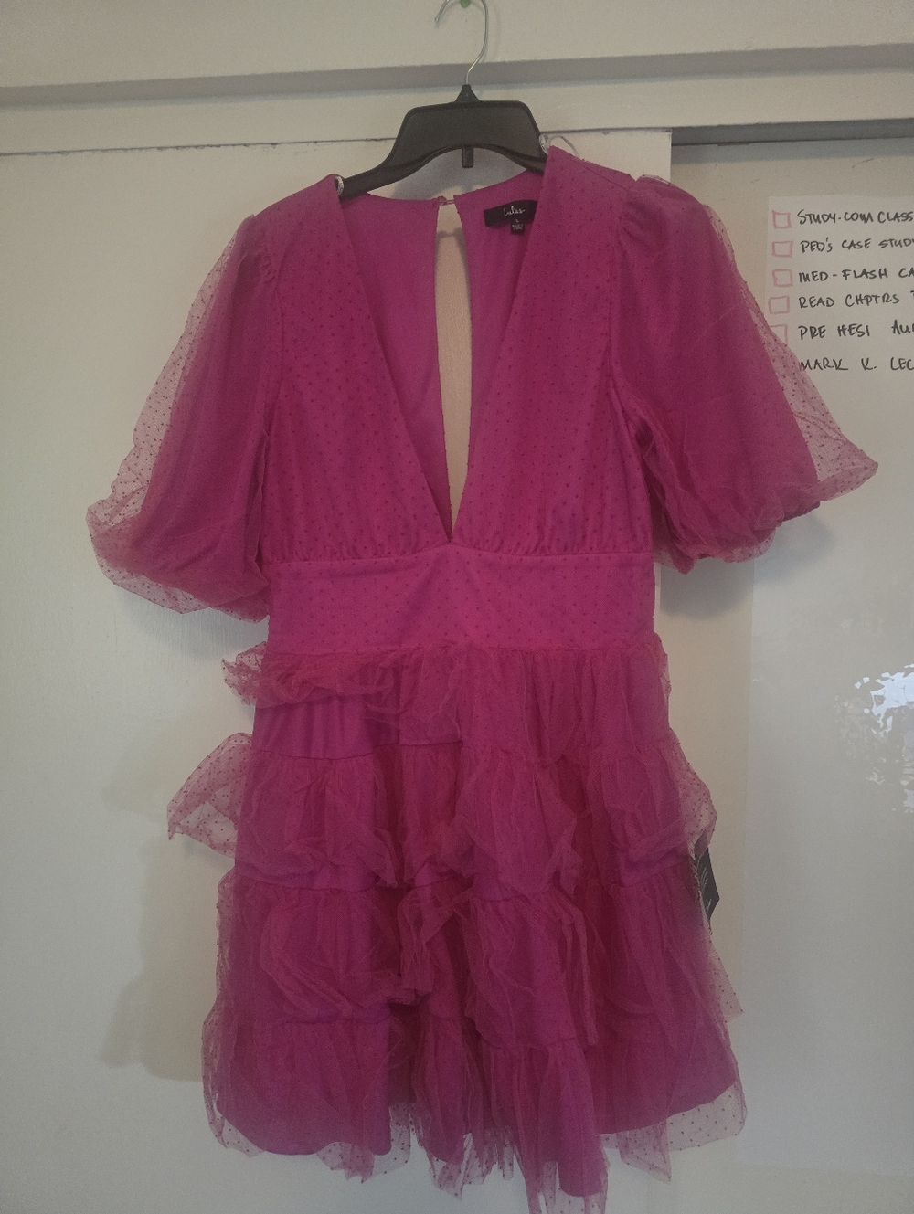 Lulus Dramatic Poise Hot Pink Dot Tulle Puff Sleeve Tiered Mini Dress SZ Large - Picture 5 of 8